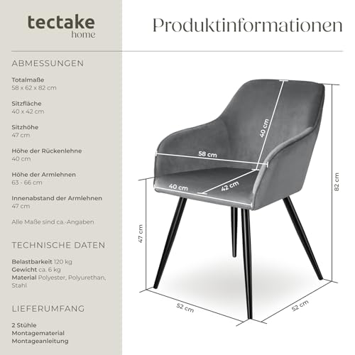 tectake® moderner Esszimmer Stuhl mit Armlehnen, Sitzfläche aus Samt, Armlehnstuhl, Sessel Wohnzimmer, gepolsterter Office Chair mit schwarzen Metallbeinen, Schminktisch Stuhl - Creme/schwarz