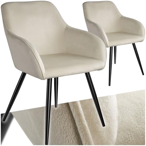 tectake® moderner Esszimmer Stuhl mit Armlehnen, Sitzfläche aus Samt, Armlehnstuhl, Sessel Wohnzimmer, gepolsterter Office Chair mit schwarzen Metallbeinen, Schminktisch Stuhl - Creme/schwarz