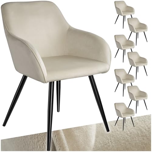 tectake® moderner Esszimmer Stuhl mit Armlehnen, Sitzfläche aus Samt, Armlehnstuhl, Sessel Wohnzimmer, gepolsterter Office Chair mit schwarzen Metallbeinen, Schminktisch Stuhl - Creme/schwarz