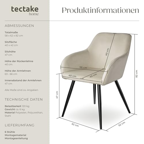 tectake® moderner Esszimmer Stuhl mit Armlehnen, Sitzfläche aus Samt, Armlehnstuhl, Sessel Wohnzimmer, gepolsterter Office Chair mit schwarzen Metallbeinen, Schminktisch Stuhl - Creme/schwarz