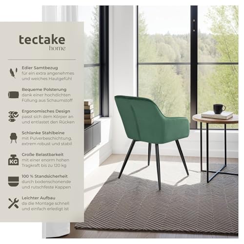 tectake® moderner Esszimmer Stuhl mit Armlehnen, Sitzfläche aus Samt, Armlehnstuhl, Sessel Wohnzimmer, gepolsterter Office Chair mit schwarzen Metallbeinen, Schminktisch Stuhl - Creme/schwarz