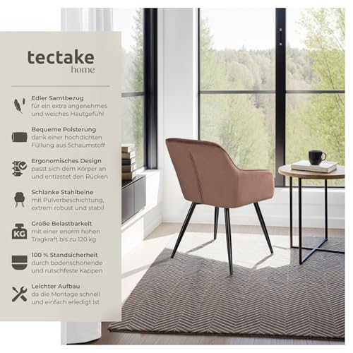 tectake® moderner Esszimmer Stuhl mit Armlehnen, Sitzfläche aus Samt, Armlehnstuhl, Sessel Wohnzimmer, gepolsterter Office Chair mit schwarzen Metallbeinen, Schminktisch Stuhl - Creme/schwarz