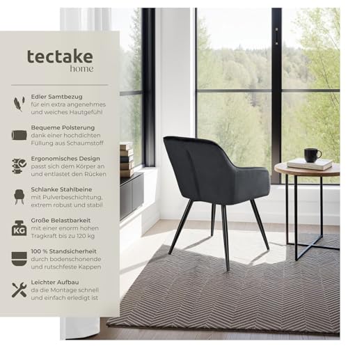 tectake® moderner Esszimmer Stuhl mit Armlehnen, Sitzfläche aus Samt, Armlehnstuhl, Sessel Wohnzimmer, gepolsterter Office Chair mit schwarzen Metallbeinen, Schminktisch Stuhl - Creme/schwarz