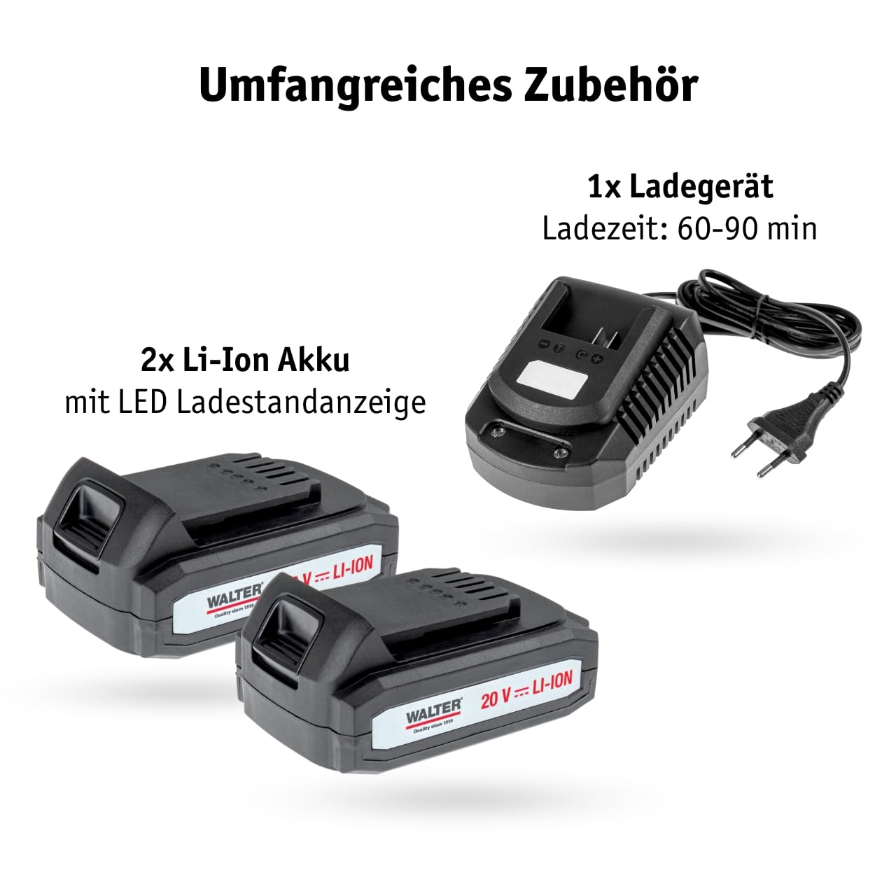 WALTER Akku Garten-Set: 40V Rasenmäher, 20V Rasentrimmer & Heckenschere – Kabellose Freiheit, energieeffizient, ideal für kleine bis mittelgroße Gärten, inkl. 2 Li-Ionen Akkus & Schnellladegerät