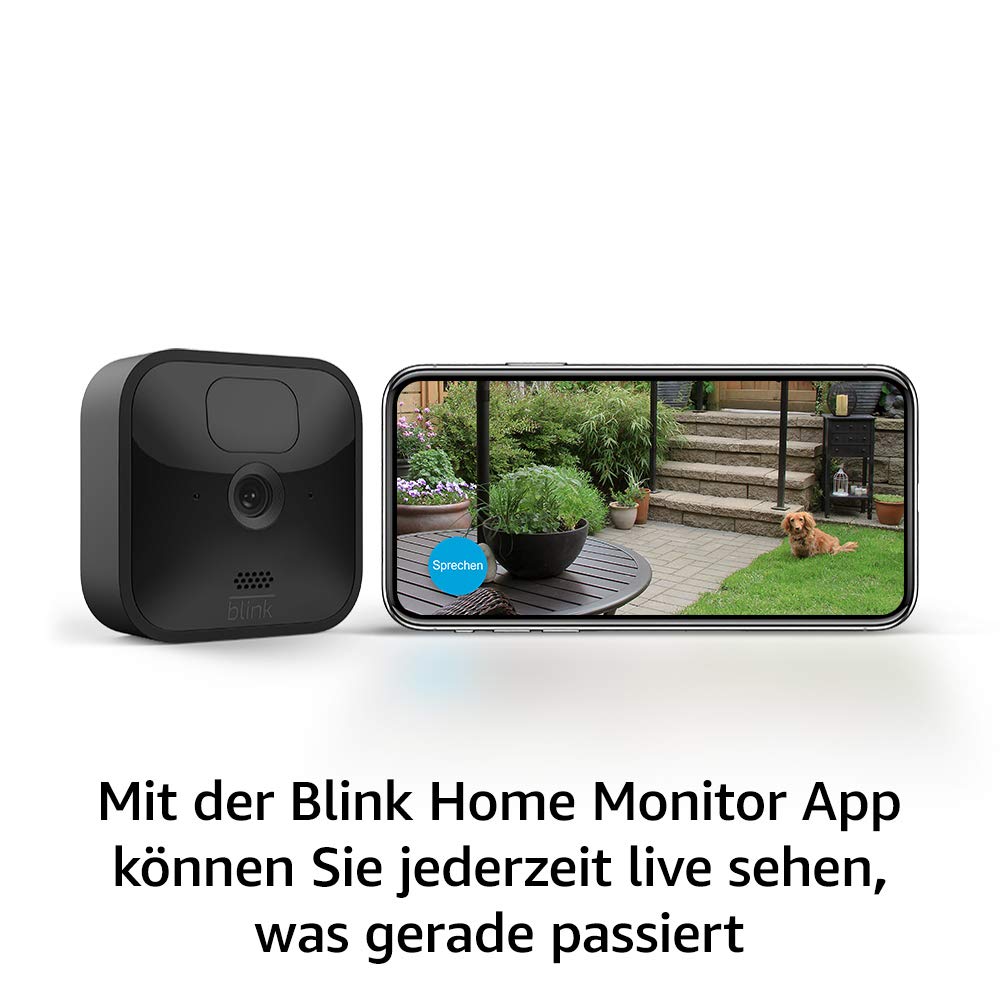 Blink Outdoor, witterungsbeständige HD-Überwachungskamera, 4 Kamera + Blink Mini, smarte Plug-in-Überwachungskamera für innen, 1 Kamera | funktioniert mit Alexa