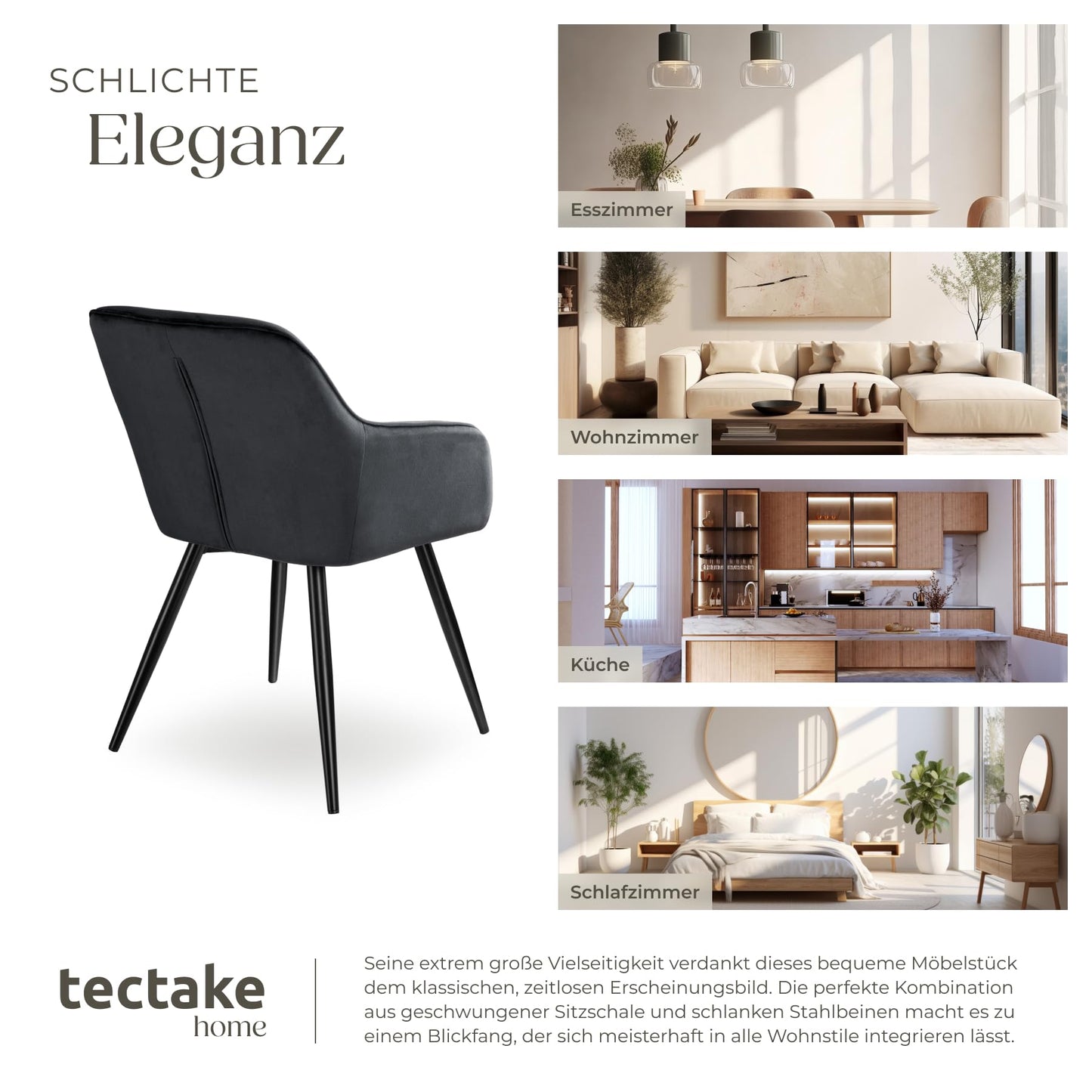 tectake® moderner Esszimmer Stuhl mit Armlehnen, Sitzfläche aus Samt, Armlehnstuhl, Sessel Wohnzimmer, gepolsterter Office Chair mit schwarzen Metallbeinen, Schminktisch Stuhl - Creme/schwarz