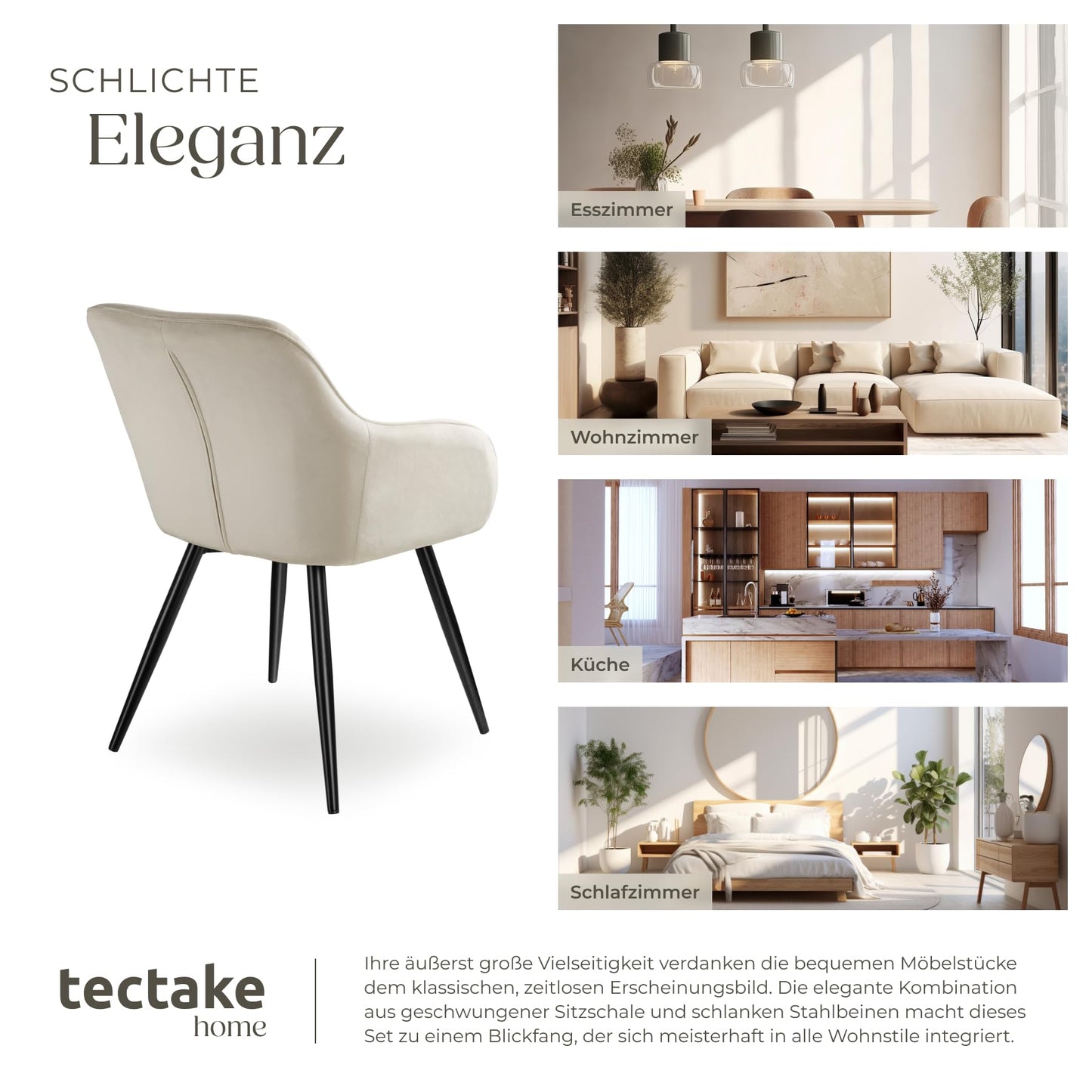 tectake® moderner Esszimmer Stuhl mit Armlehnen, Sitzfläche aus Samt, Armlehnstuhl, Sessel Wohnzimmer, gepolsterter Office Chair mit schwarzen Metallbeinen, Schminktisch Stuhl - Creme/schwarz