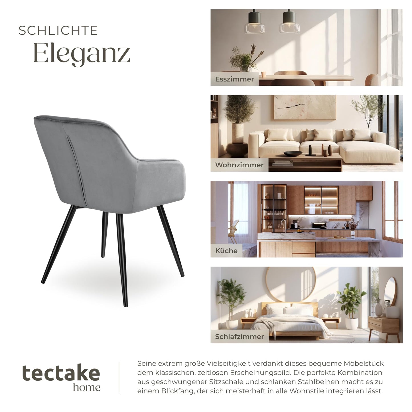 tectake® moderner Esszimmer Stuhl mit Armlehnen, Sitzfläche aus Samt, Armlehnstuhl, Sessel Wohnzimmer, gepolsterter Office Chair mit schwarzen Metallbeinen, Schminktisch Stuhl - Creme/schwarz