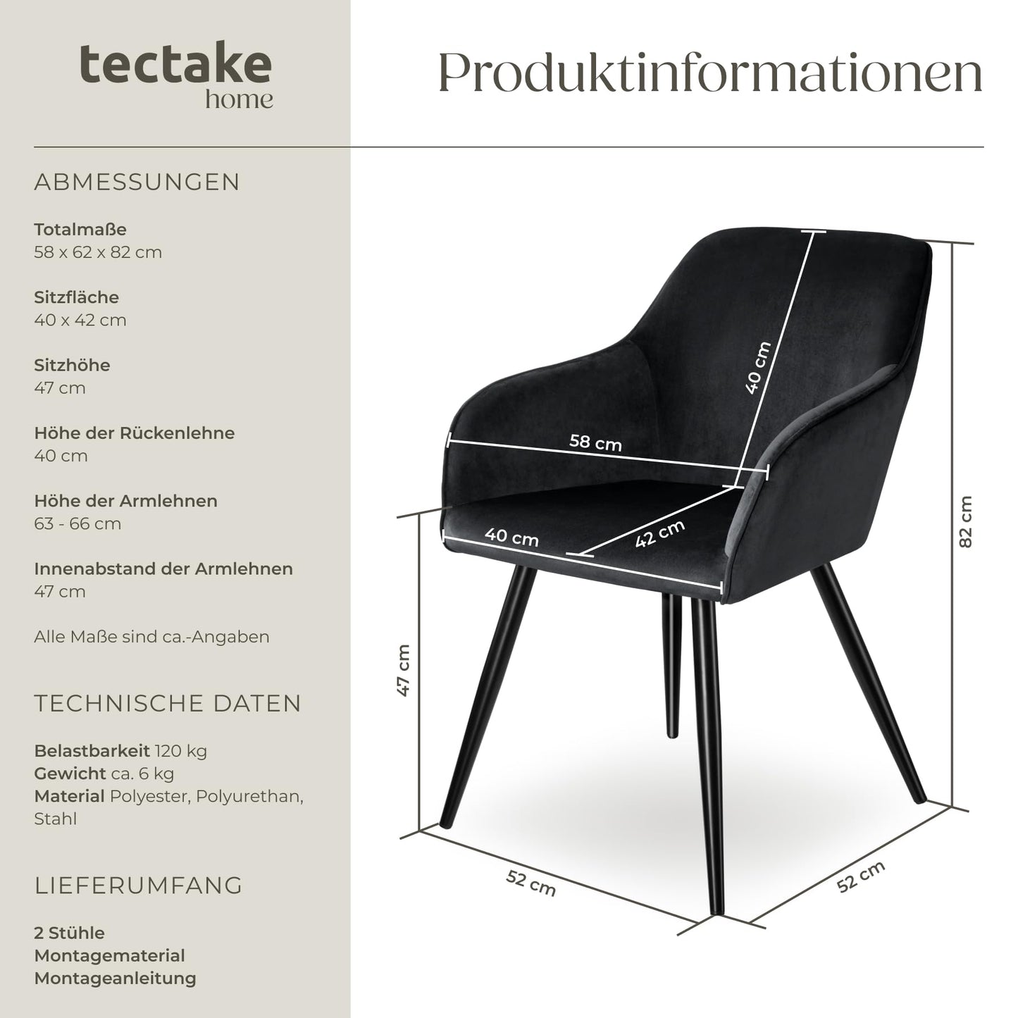 tectake® moderner Esszimmer Stuhl mit Armlehnen, Sitzfläche aus Samt, Armlehnstuhl, Sessel Wohnzimmer, gepolsterter Office Chair mit schwarzen Metallbeinen, Schminktisch Stuhl - Creme/schwarz