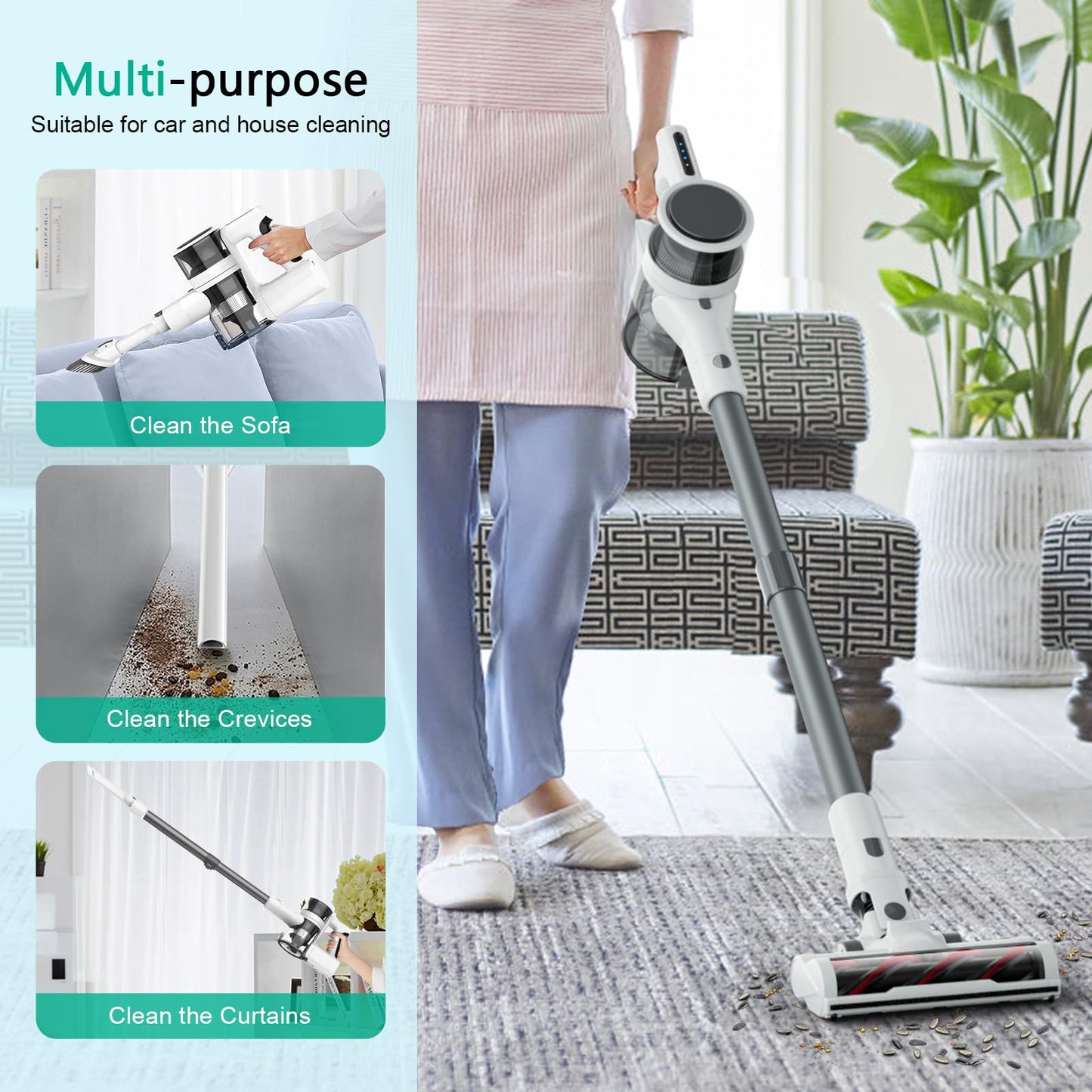 Wireless Vacuum Cleaner, 80,000 RPM Motor and Power Filtration, Stick Vacuum Cleaner with 2200 mAh Battery, 35 Minutes Working Time, 2 Modes, Rotating Multi-Heads, Height-Adjustable Vacuum Cleaner for