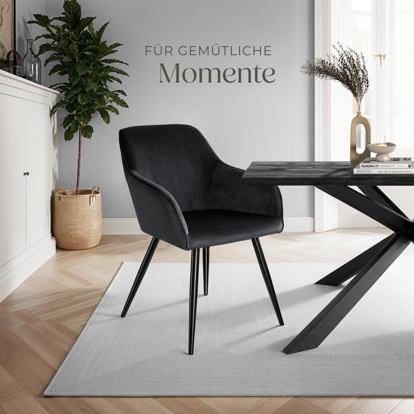 tectake® moderner Esszimmer Stuhl mit Armlehnen, Sitzfläche aus Samt, Armlehnstuhl, Sessel Wohnzimmer, gepolsterter Office Chair mit schwarzen Metallbeinen, Schminktisch Stuhl - Creme/schwarz