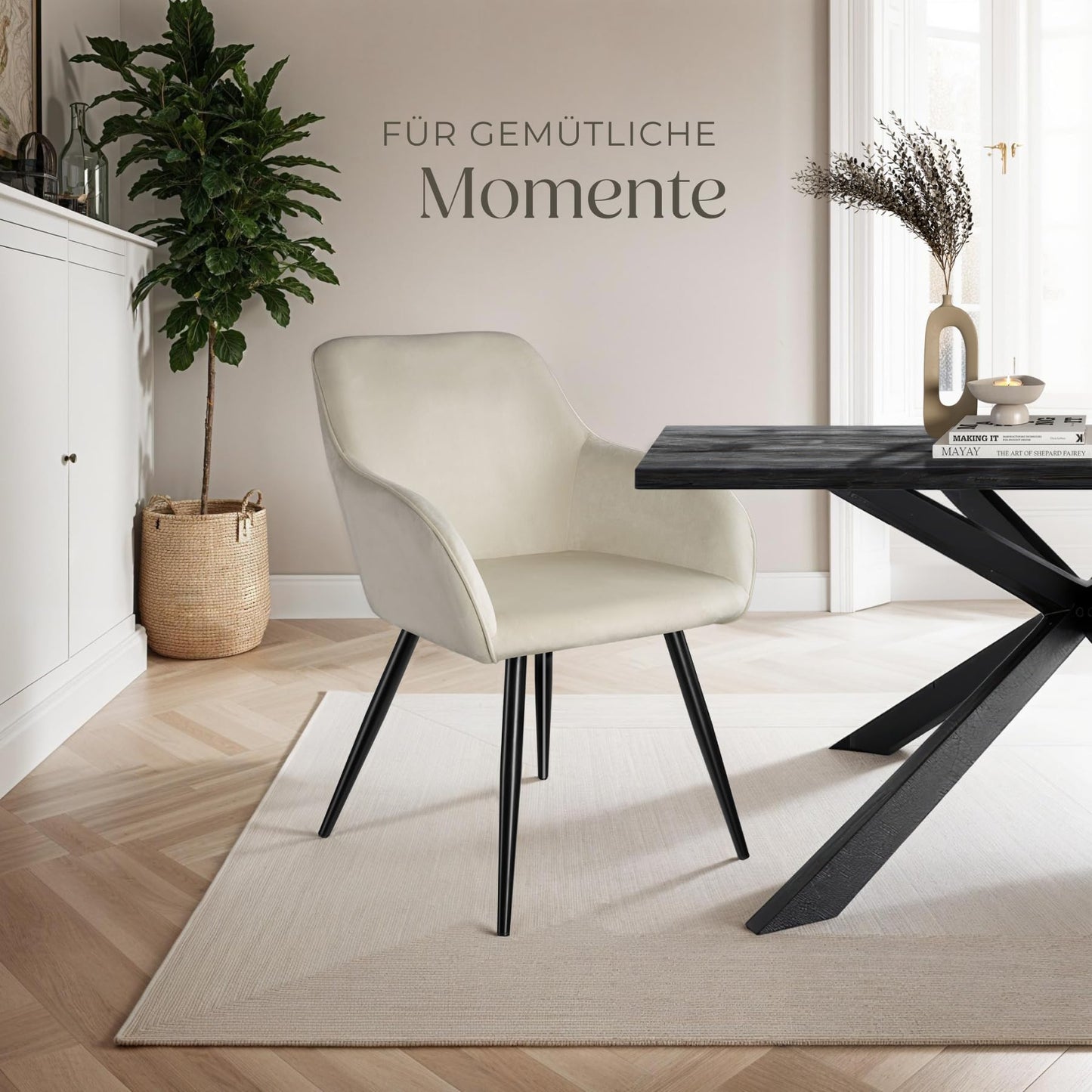 tectake® moderner Esszimmer Stuhl mit Armlehnen, Sitzfläche aus Samt, Armlehnstuhl, Sessel Wohnzimmer, gepolsterter Office Chair mit schwarzen Metallbeinen, Schminktisch Stuhl - Creme/schwarz