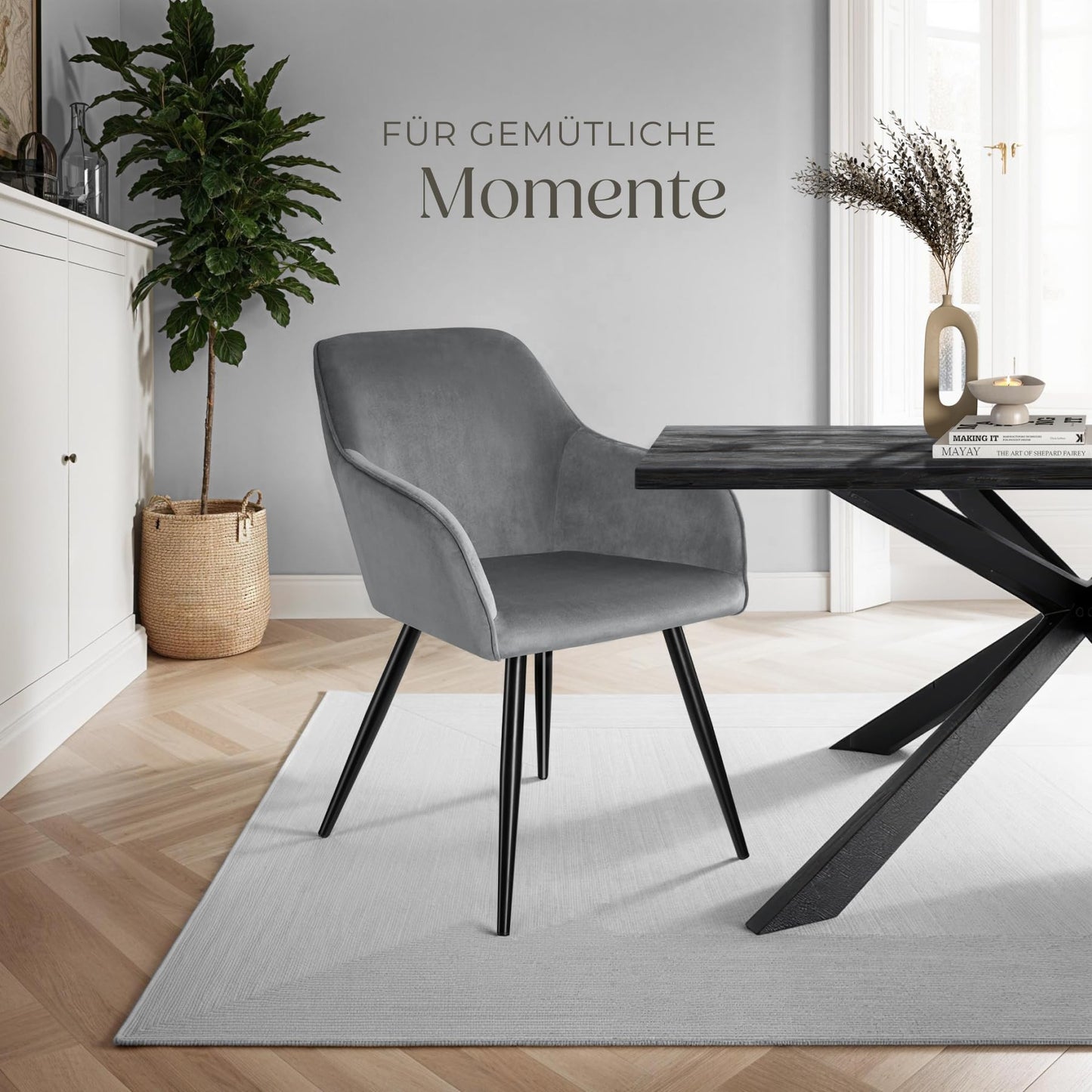 tectake® moderner Esszimmer Stuhl mit Armlehnen, Sitzfläche aus Samt, Armlehnstuhl, Sessel Wohnzimmer, gepolsterter Office Chair mit schwarzen Metallbeinen, Schminktisch Stuhl - Creme/schwarz